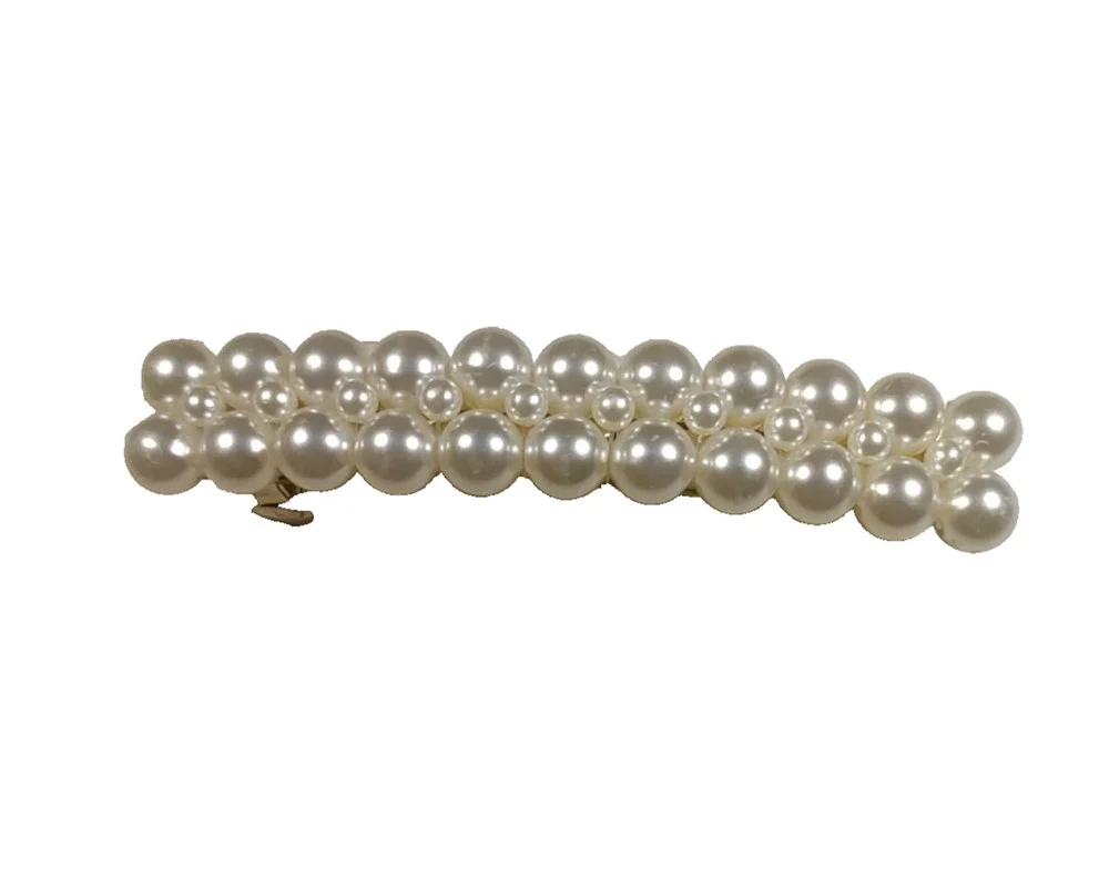 Faux Pearl Barrette Tension Clip Gold Tone White Church Party